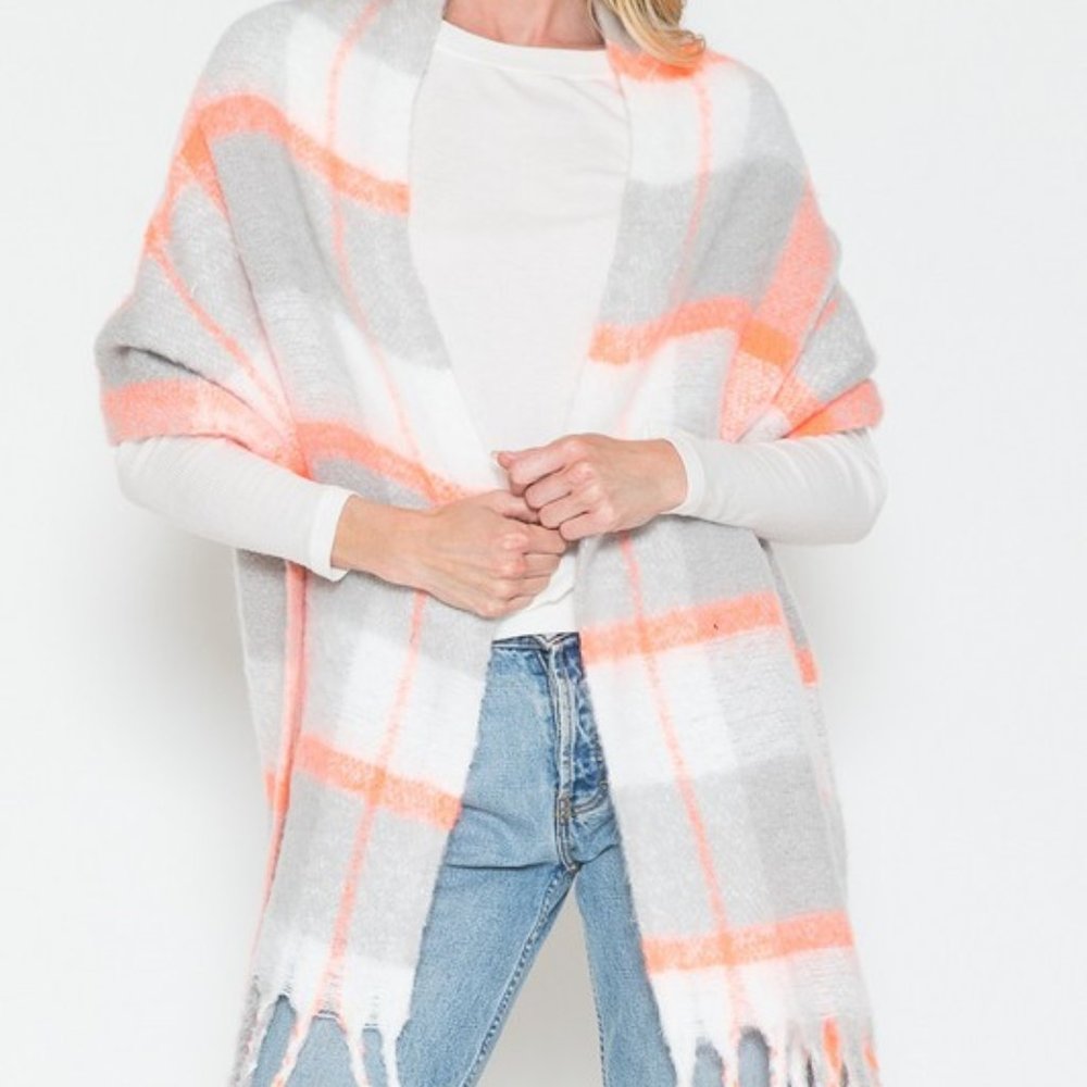Gray, Orange & Ivory Plaid Scarf with Whimsical Fringe - Picture 4 of 8